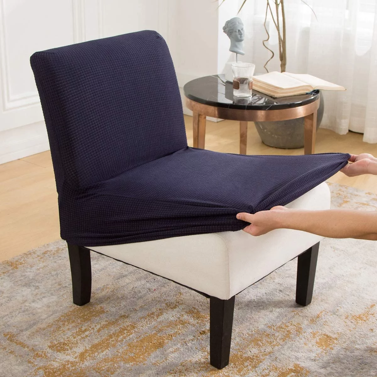 Topchances Slipper Chair Slipcover Stretch Armless Chair Protector Accent Chair Cover Elastic Spandex Modern Solid Home Decor, Navy Blue