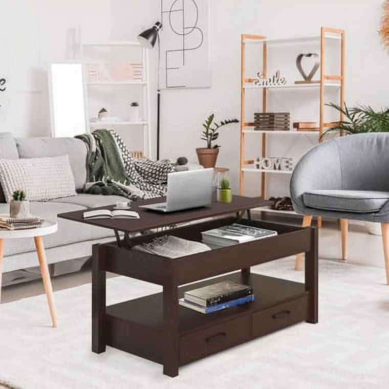 2 Drawer Lift Top Coffee Table with Hidden Compartment & Storage Shelve Espresso