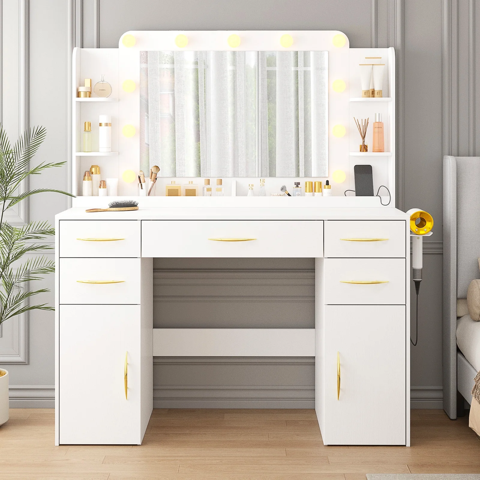 Make up Vanity Desk with Mirror and Lights, Vanity with Power Outlet & 3 Lighting Color Adjustable, Vanity Desk with 5 Drawers, 2 Cabinets, Shelves