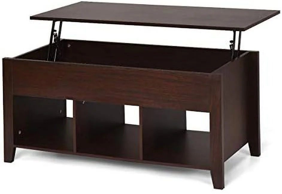 TQJKLFDY Lift Top  Space Coffee Table  Multi-Functional Modern Coffee Table with Height Adjustable Top & Hidden Compartment  & Three Open Shelves at Bottom (Brown)
