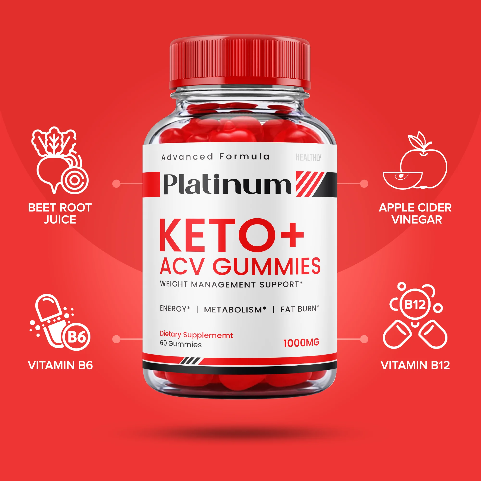 (2 Pack) Platinum Keto+ Keto ACV Gummies Advanced Formula Weight Management Support Fat Burn Metabolism (120 Gummies)