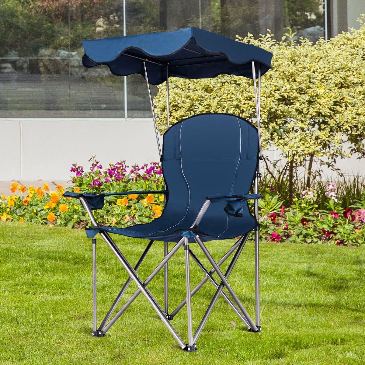 Portable Folding Beach Canopy Chair W/Cup Holders Bag Camping Hiking Outdoor Blue