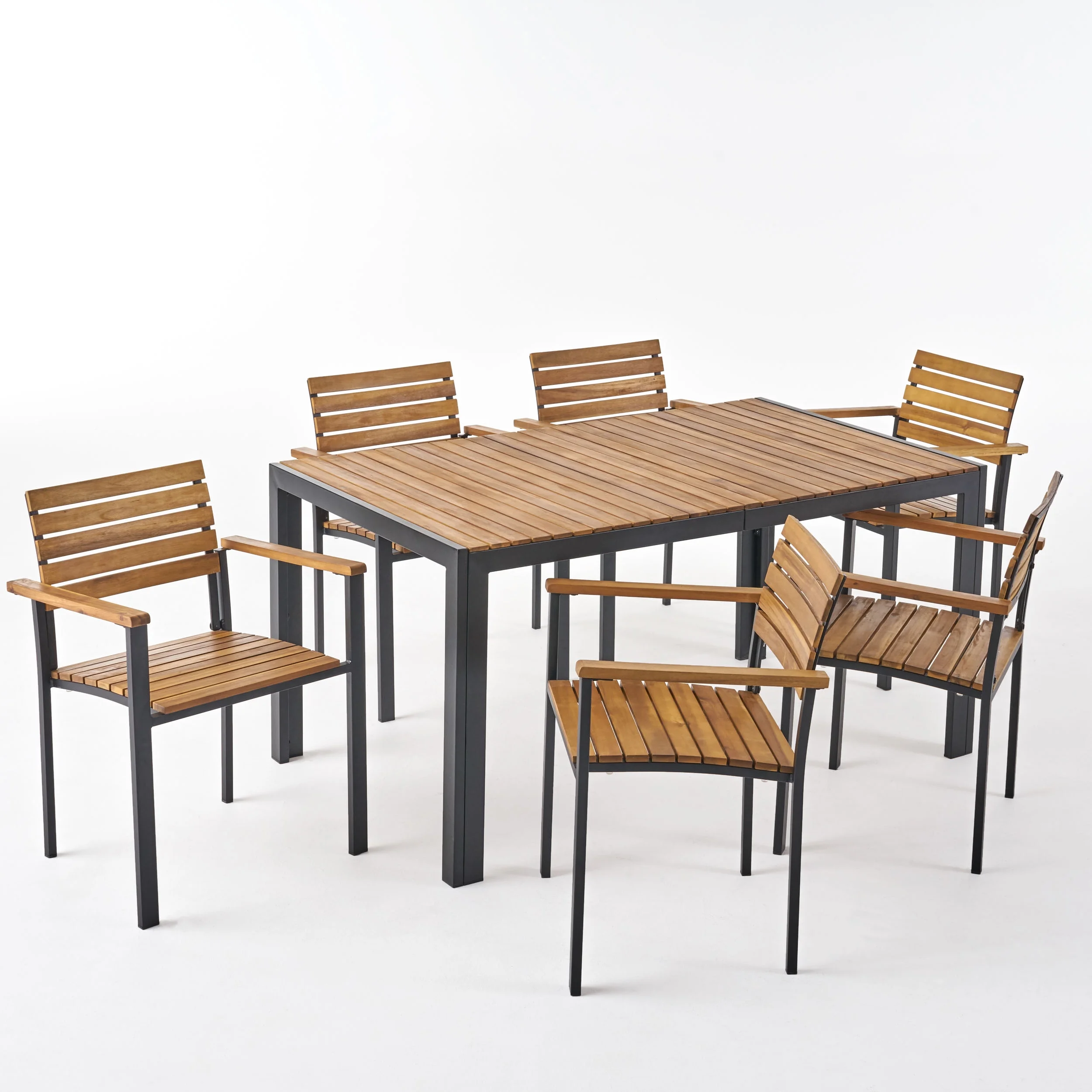 GDF Studio Kensington Outdoor Industrial Acacia Wood 7 Piece Dining Set, Teak and Black