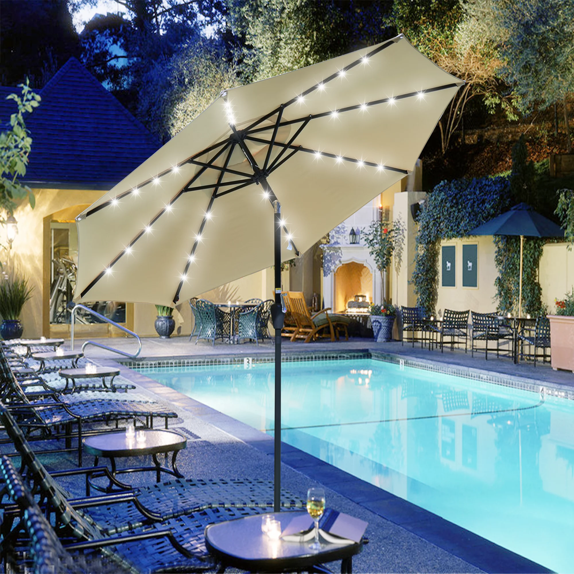 Yescom 9Ft Solar Powered 32 LED Lights Patio Umbrella With Crank Tilt UV30+ Outdoor Deck Beach Cafe Garden (Pack of 4)