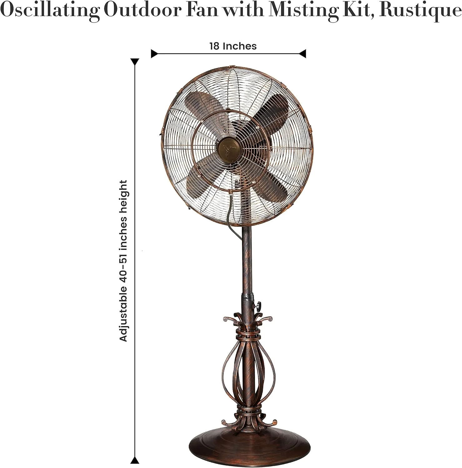 Decobreeze Oscillating Outdoor Fan With Misting Kit, 3-Cooling Speed Misting Fan With High RPM, Adjustable And Portable Misting Fan, Rustique, Antique Water Fan, 18 Inches