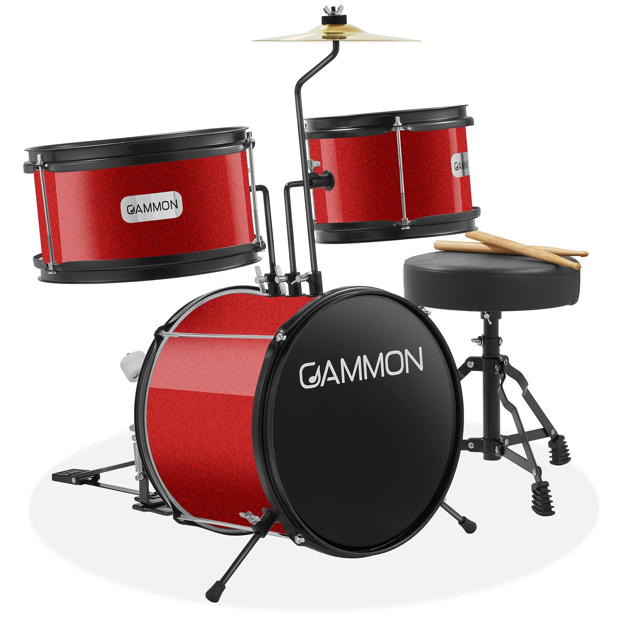 Gammon 3-Piece Junior Drum Set - Red, Starter Drum Kit with Throne, Cymbal, and Drumsticks