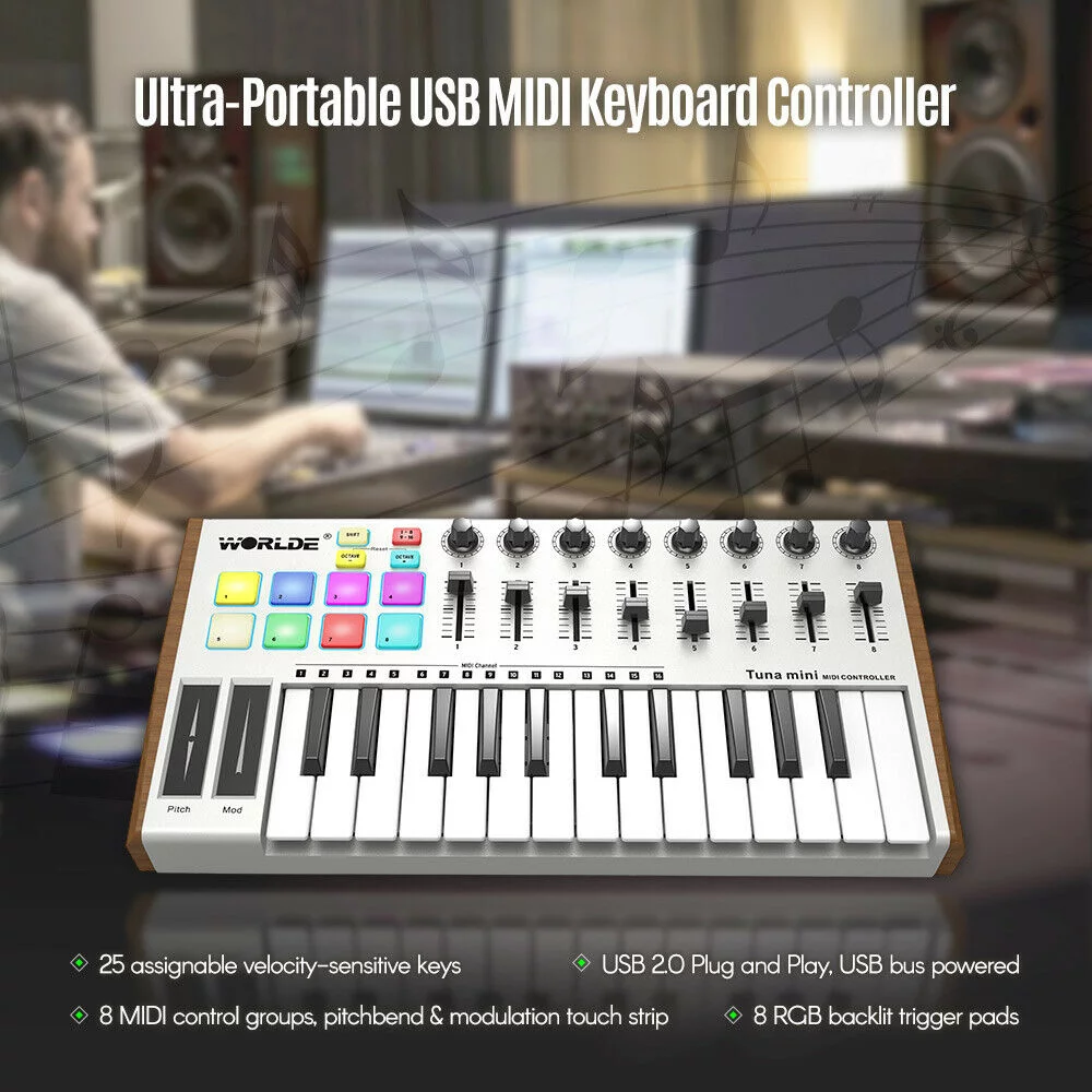 TUNA  Ultra-Portable 25-Key USB MIDI Keyboard Controller 8  Backlit Trigger Pads with 6.35mm Pedal Jack