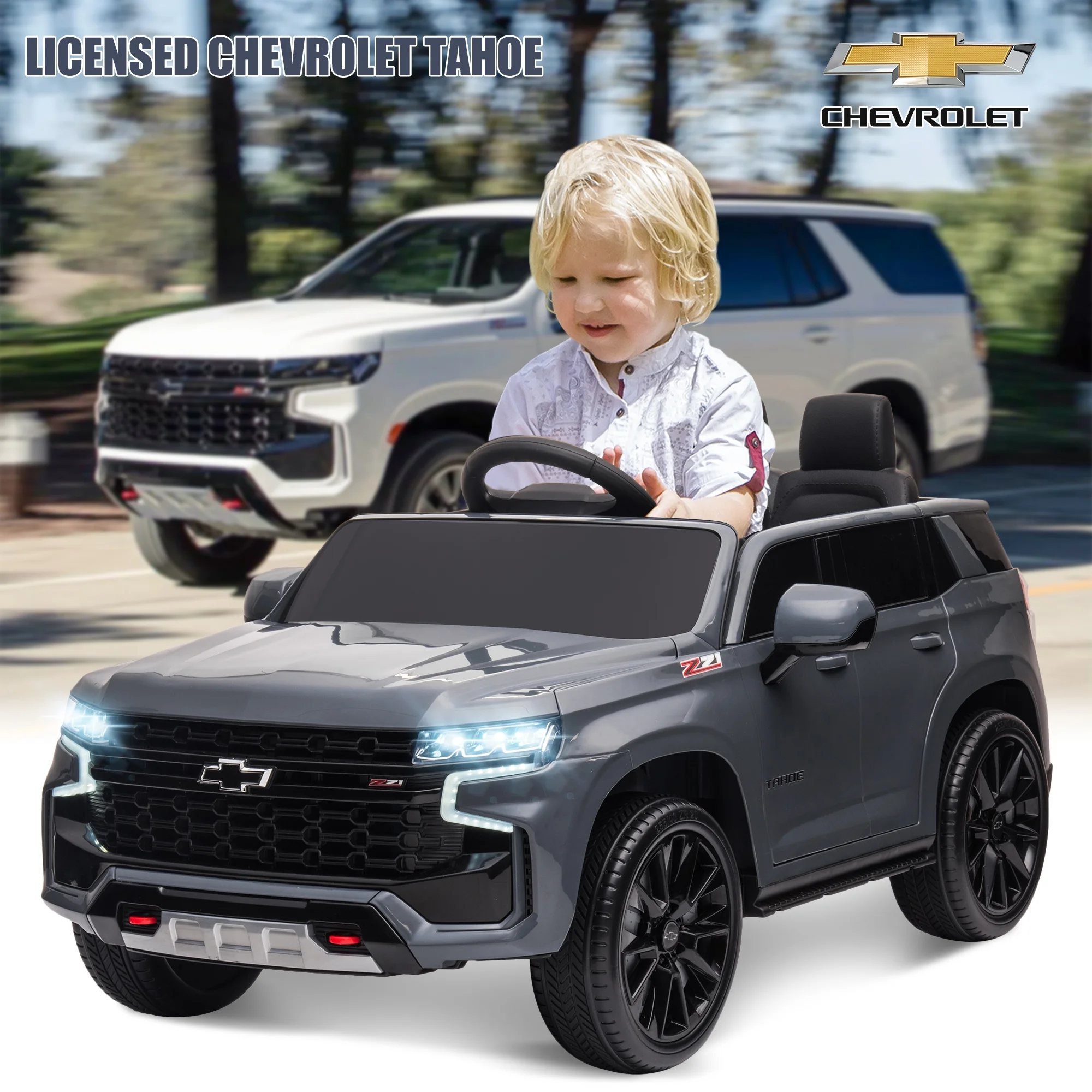 iRerts Gray 12V Chevrolet Tahoe Powered Ride On Cars with Remote Control, Kids Ride on Toys for Boys Girls Gifts Ages 3-6, Battery Powered Kids Electric Cars with Music, MP3/USB/AUX Port