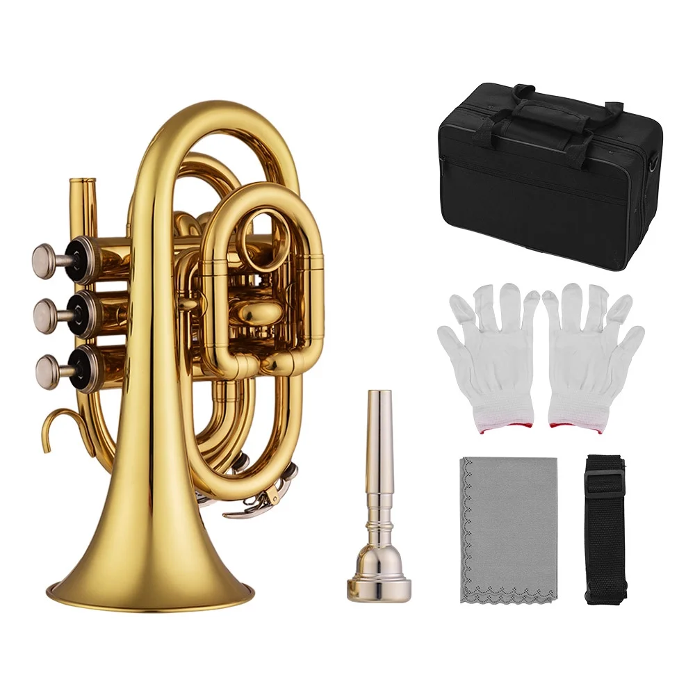 Tomshoo Trumpet Bb Flat Brass Pocket Wind Instrument with Mouthpiece Gloves Cleaning Cloth Carrying Case