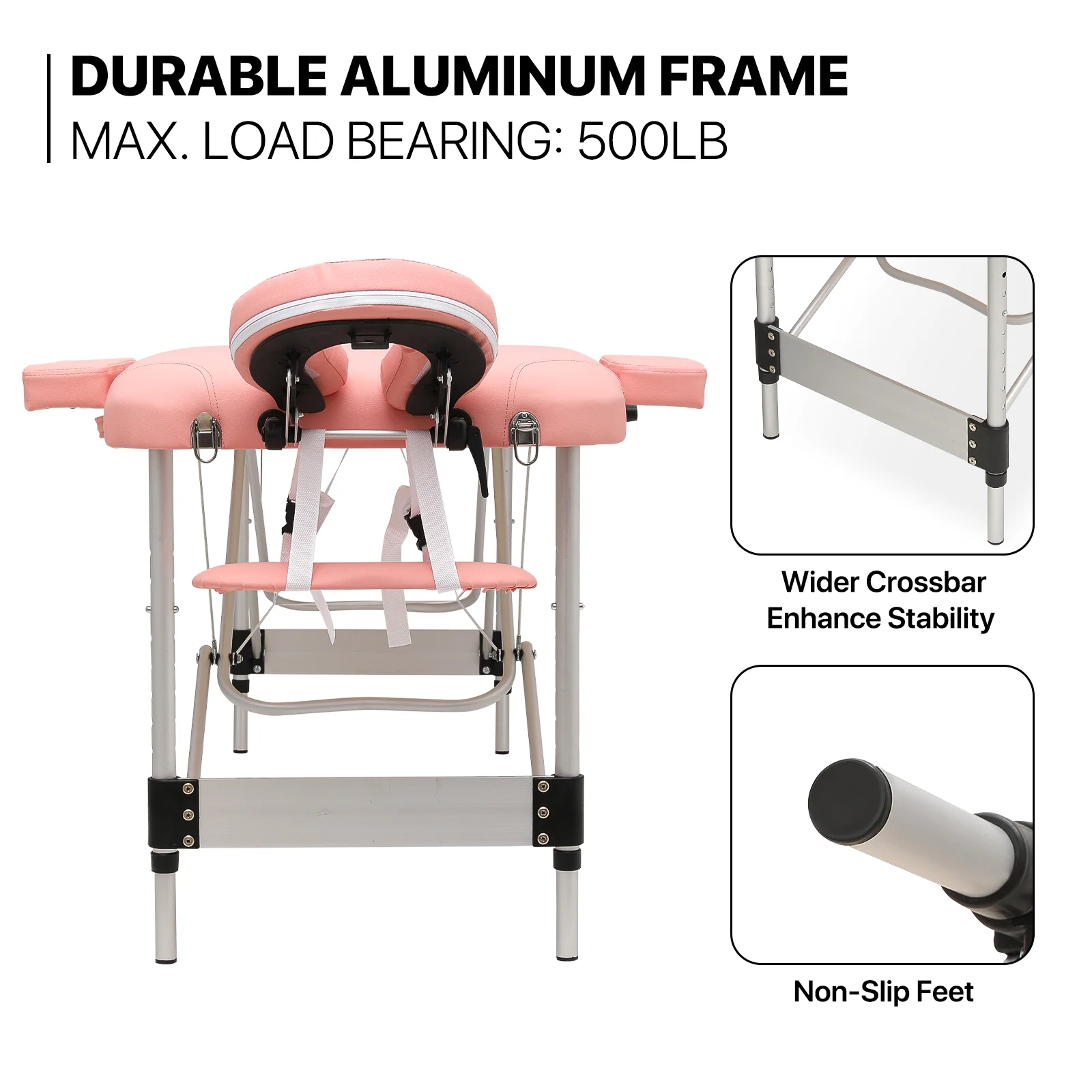 MoNiBloom Foldable Massage Table, Aluminum Alloy Height Adjustable Physiotherapy/Stretching//Tattoo/Salon/Spa/Treatment Bed with Three Fold and Carry Bag, Hold Up to 500Lbs, Pink