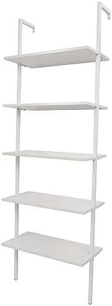 CDJXNLY 5-Tier Open Wall-Mounted Bookshelf with Metal Frame - Industrial Modern Ladder  - Floating Bookcase Organizer - Hanging  Rack Shelves for Home and Office - White