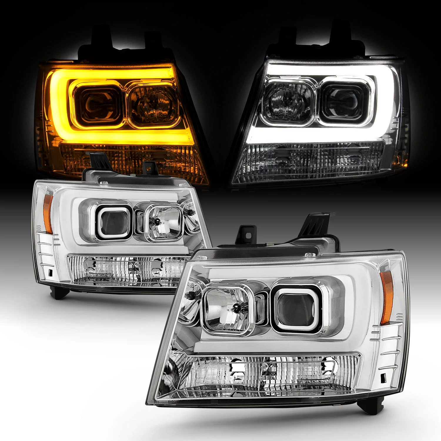 AKKON - Fits 2007-2013 Chevy Avalanche 2007-2014 Tahoe Suburban 1500 / 2500 C-Tube Projector Chrome Headlights Pair Left + Right