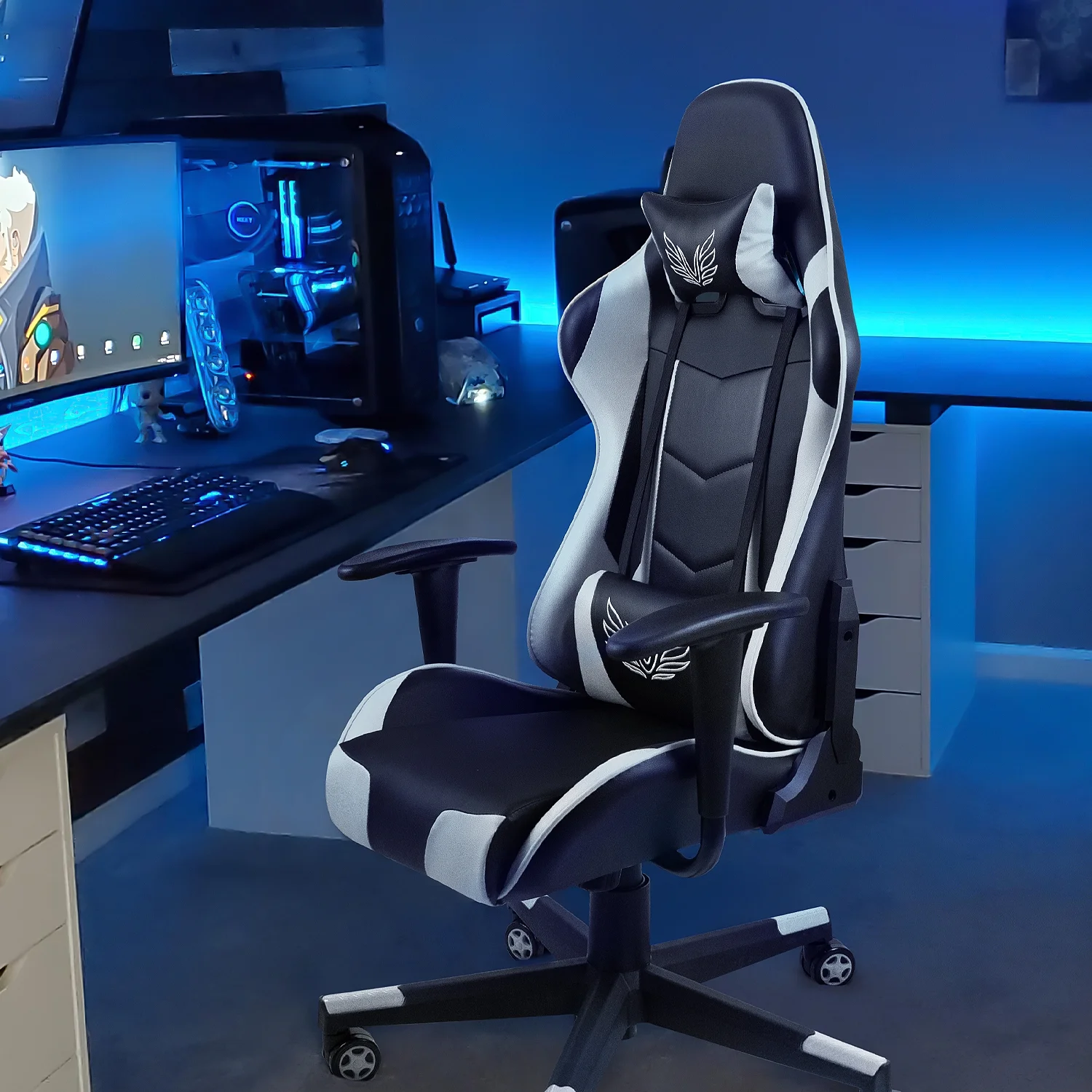 Lacoo Gaming Chair High Back Adjustable Height Racing Style Computer Chair with Headrest and Lumbar Support, White