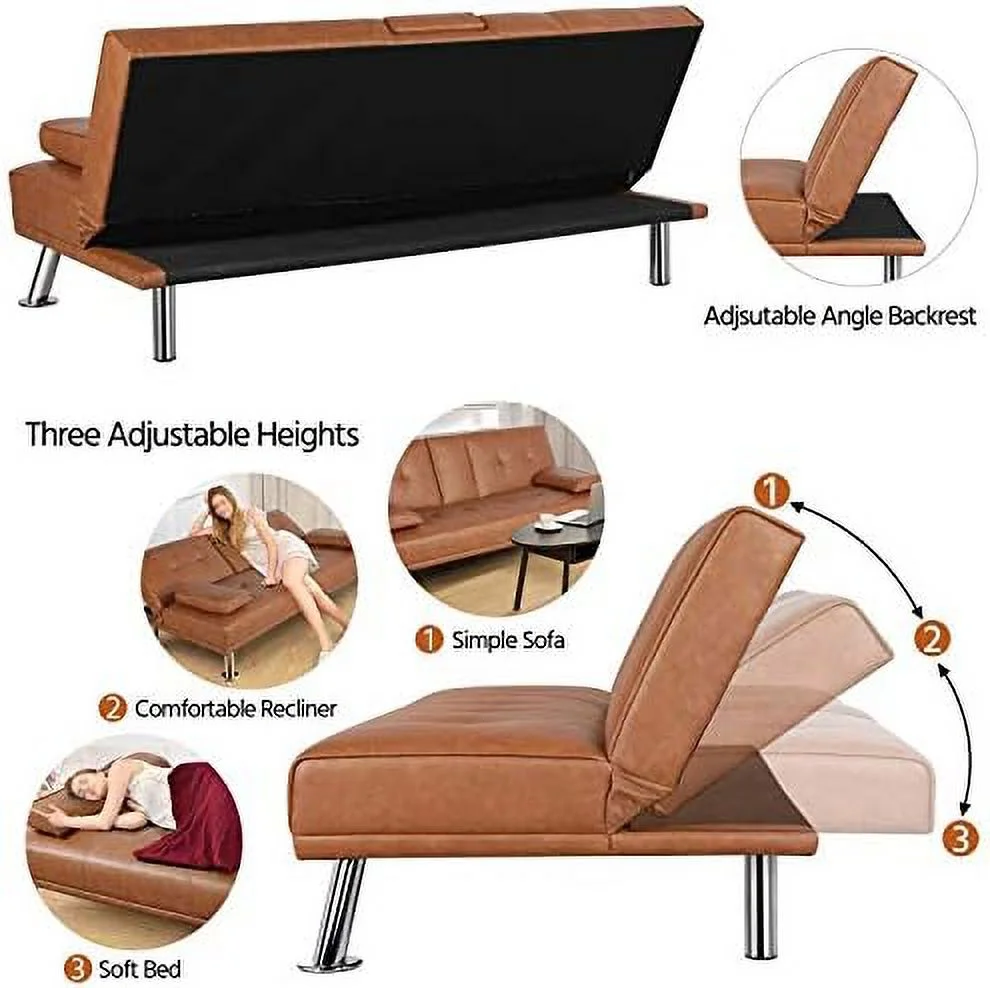 SJOPLMN Convertible Sofa Bed Adjustable Couch Sleeper Modern Faux Leather Home Recliner Reversible Loveseat Folding Daybed Guest Bed  Removable Armrests  Cup Holders  3 Angles  772lb Capa