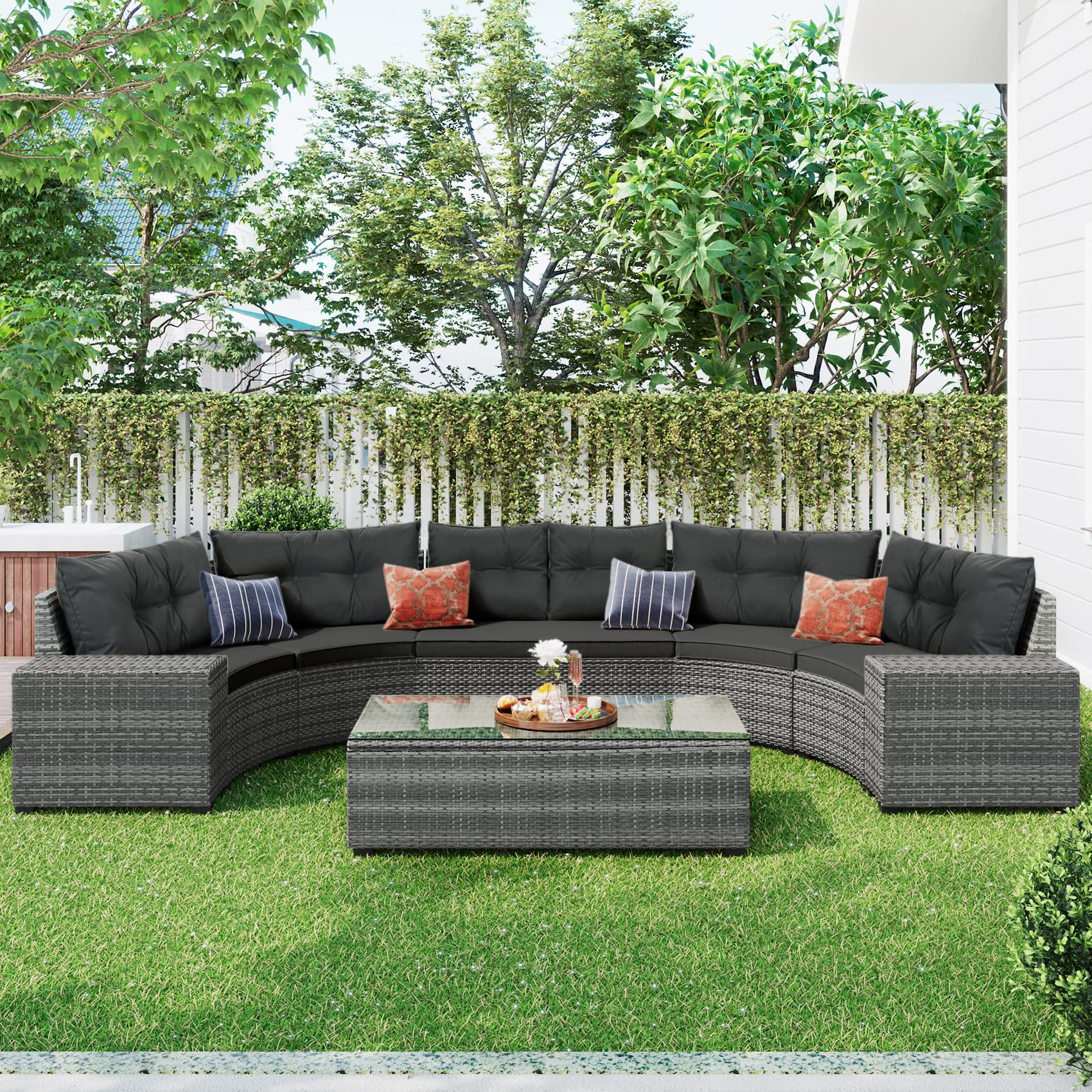 8 Pieces Patio Half-Moon Sectional Furniture, Curved Outdoor Sofa Set, Grey Wicker Patio Conversation Sets with Glass Table, Side Tables and Cushions