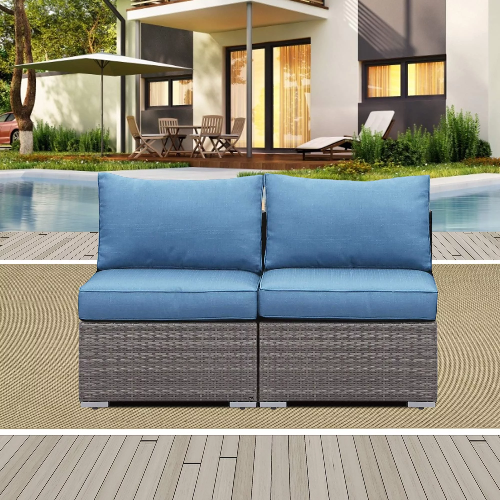 Cozyhom 5 Piece Patio Furniture Sets, All-Weather PE Wicker Rattan Outdoor Sectional Sofa with Coffee Table & Washable Couch Cushions, Blue