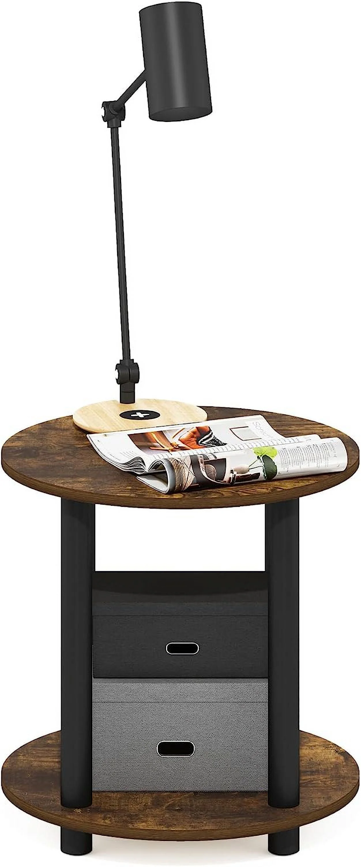 2-Tier Round Wooden End Table, Amber Pine