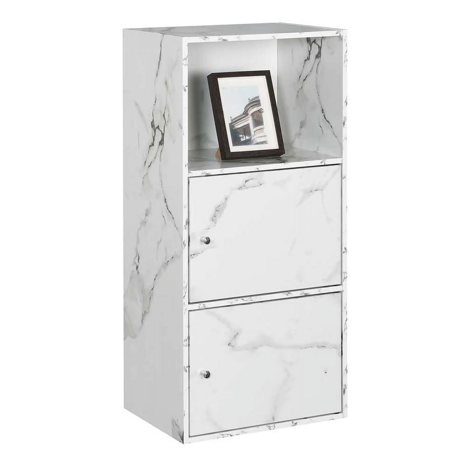 Pemberly Row Storage 2 Door Cabinet in White Faux Marble Wood Finish