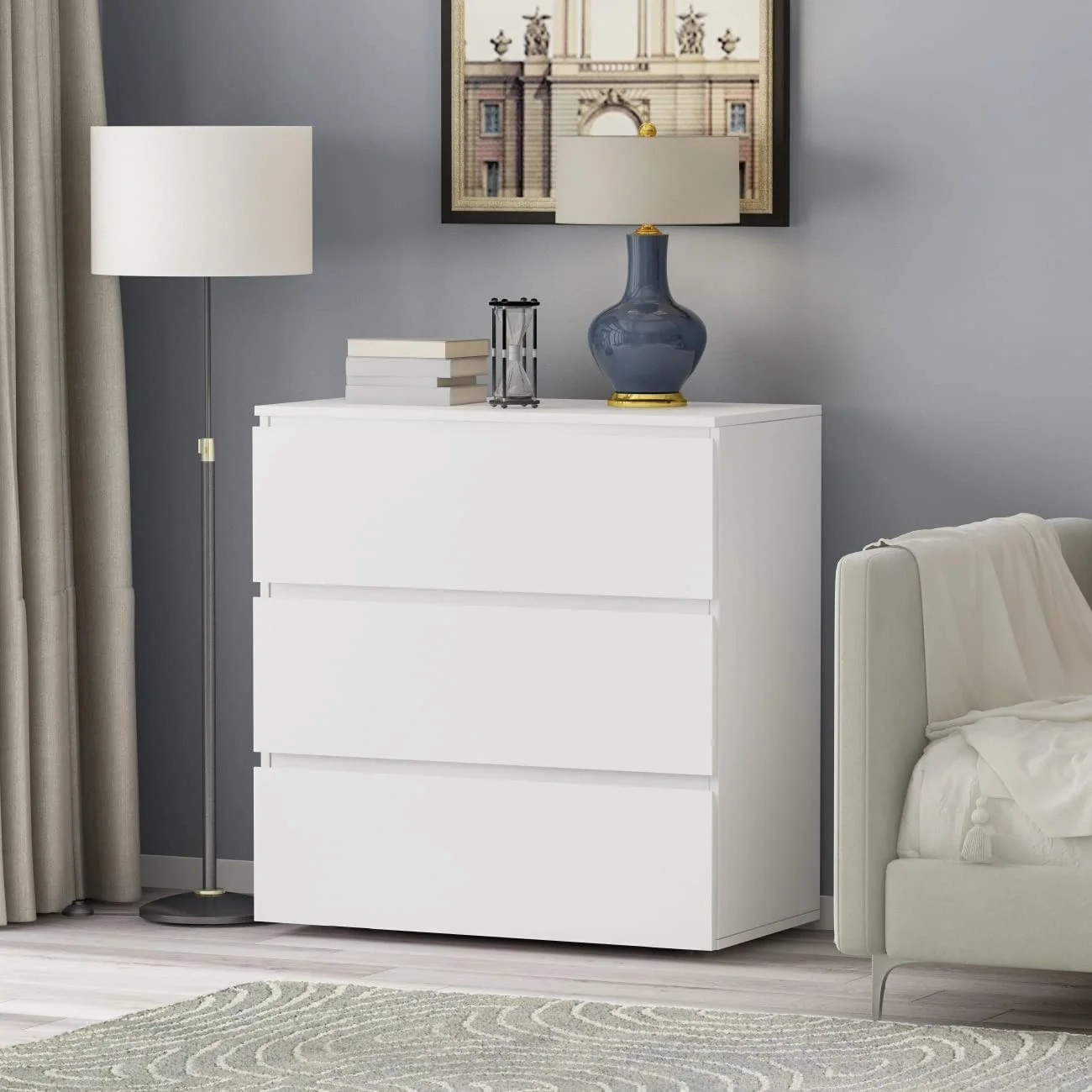 TJCGDTY Space-Saving 3 Drawers  Chest Dresser in White Mid-Century Modern Contemporary MDF Matte Hidden Includes Hardware