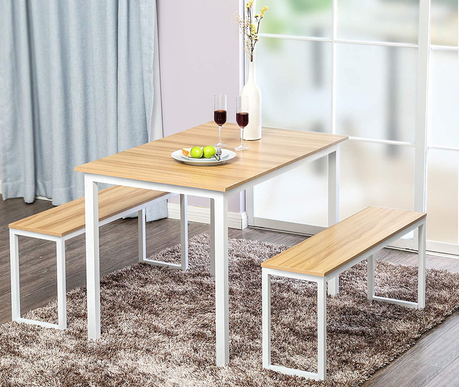 FITUEYES 3-Piece Dining Table Set with 2 Benches, White