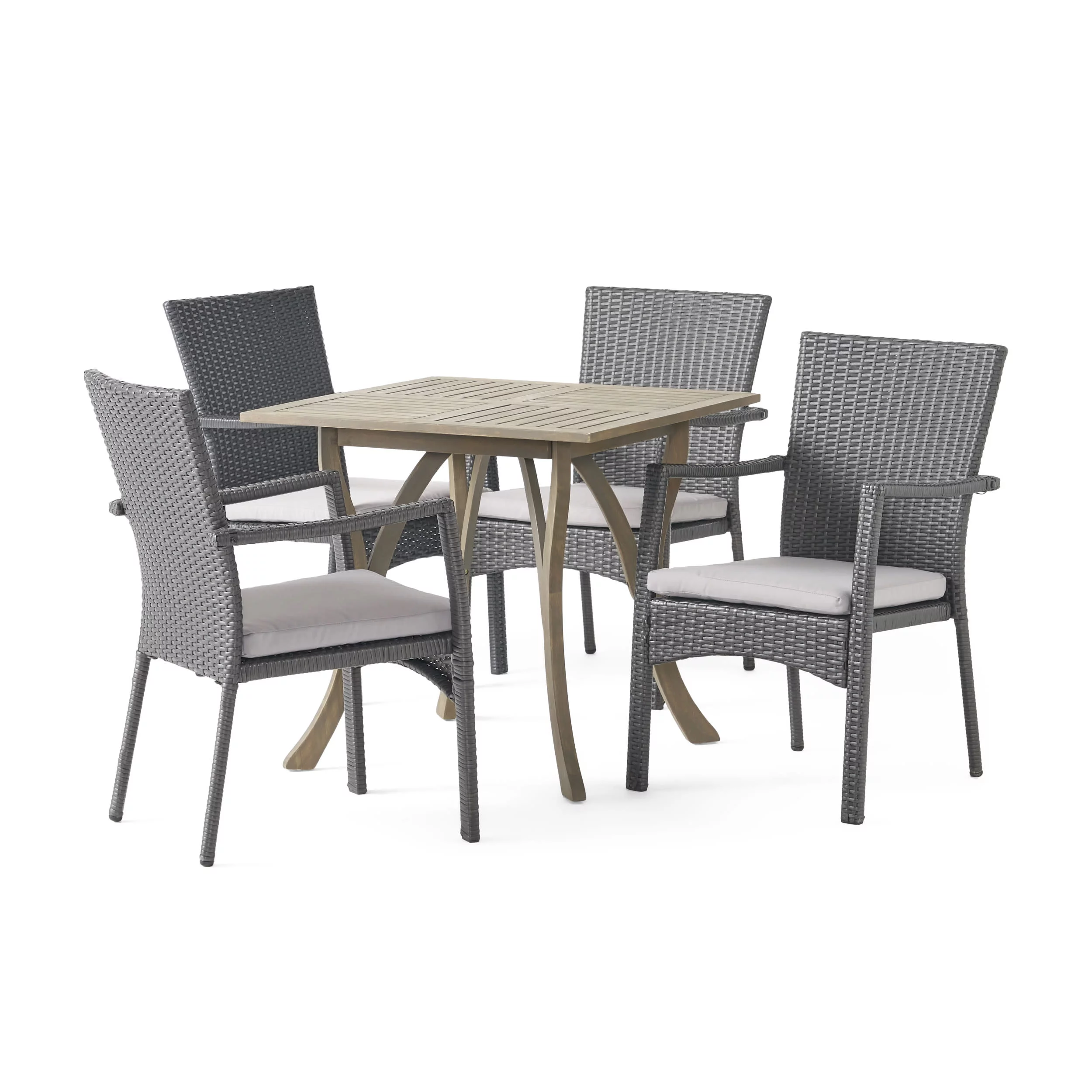 GDF Studio Courtland Outdoor Acacia Wood and Wicker 5 Piece Dining Set with Cushions, Gray