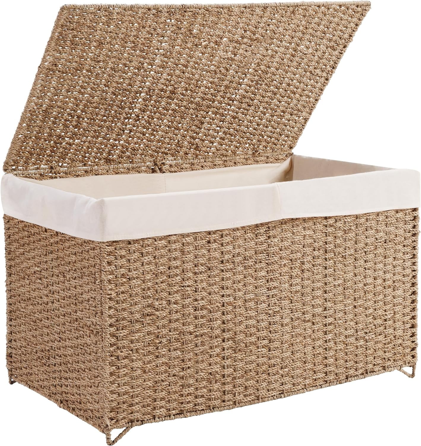 Double Laundry Hamper with Lid - 160L (42 Gallon) Natural Seagrass Hand Woven Clothes Toy Storage Basket with 2 Section Removable Liner, Foldable Rattan Hamper Trunk for Bathroom, Bedroom