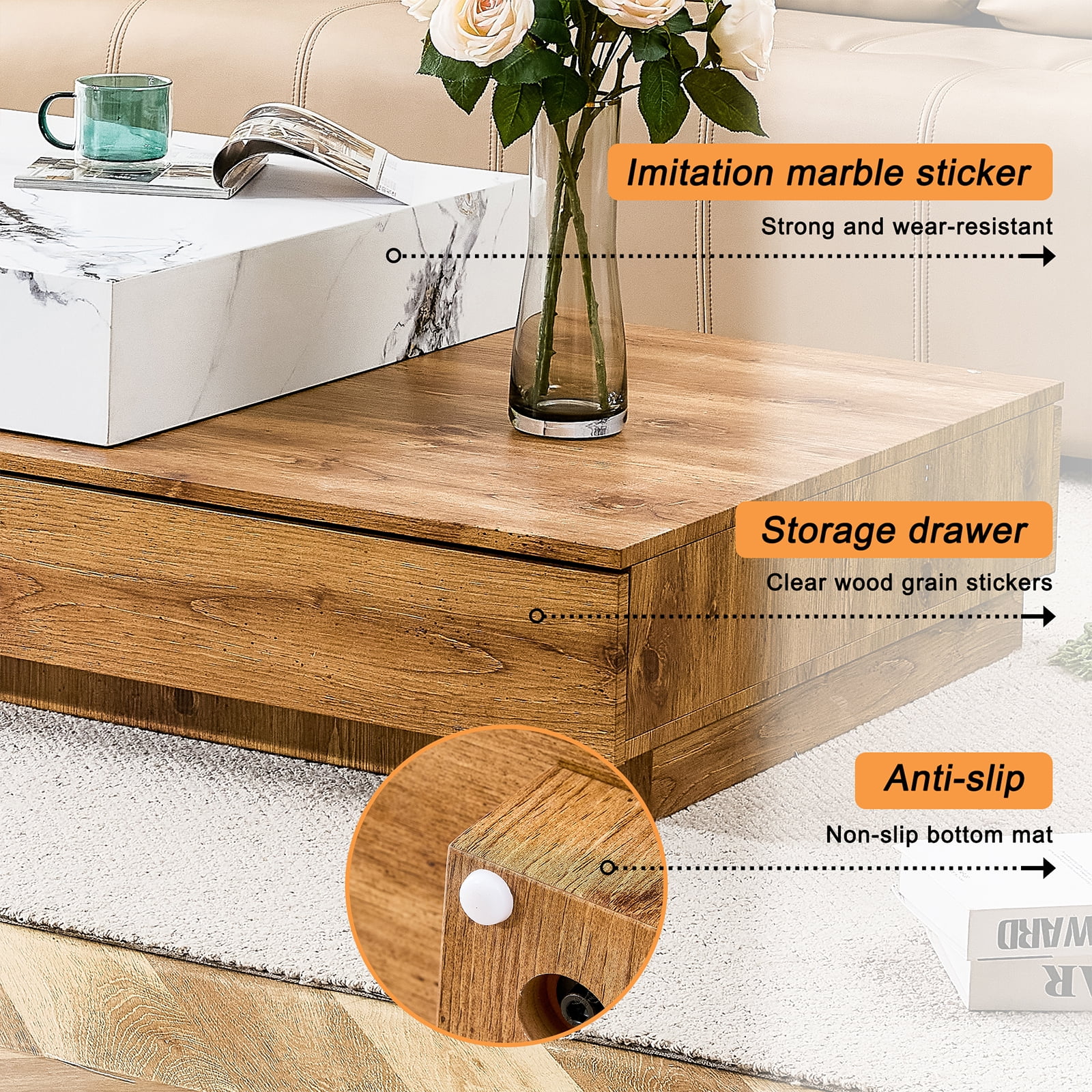 Sudica Modern Coffee Table Rustic Rectangular Faux Marble Center Table with Wooden Storage Drawer, White Cocktail Table