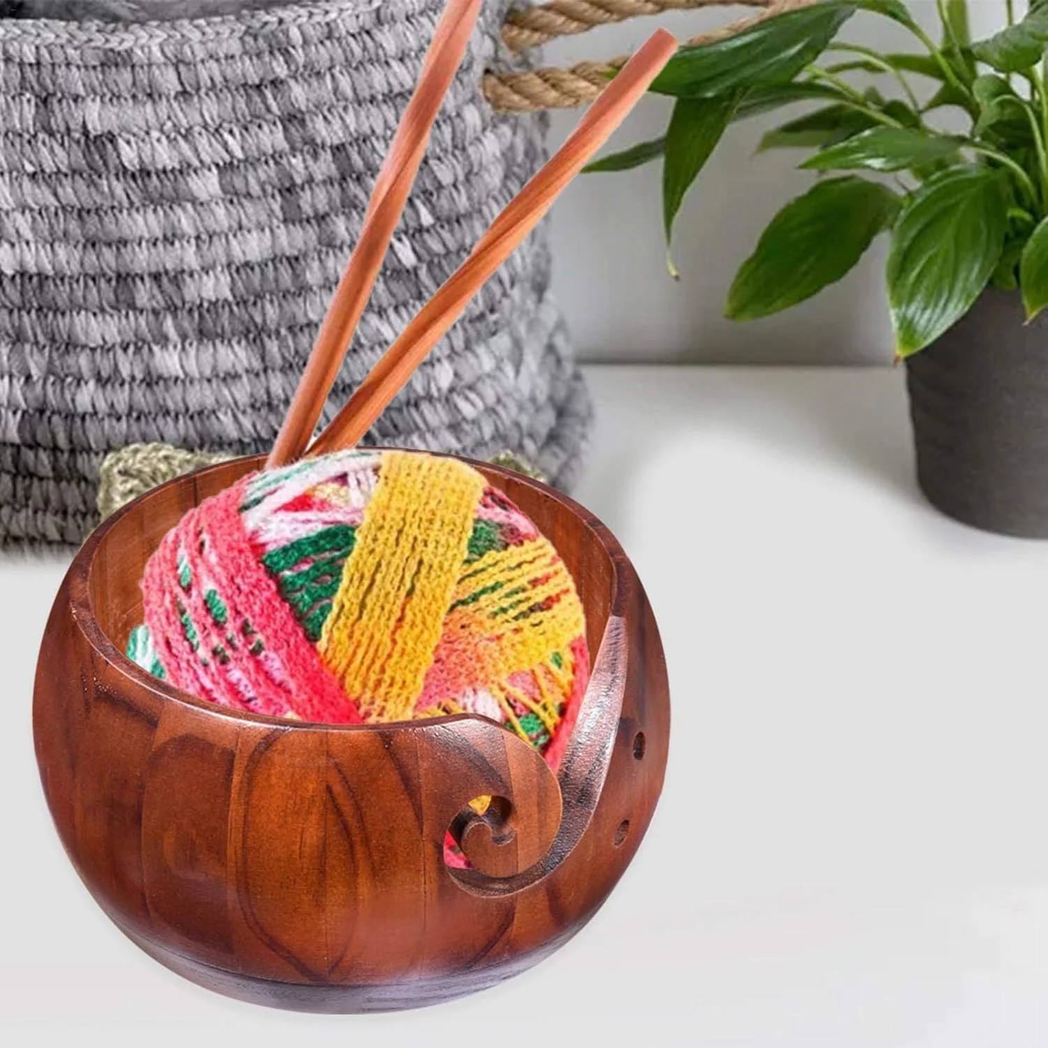 Wooden Yarn Bowl Holder for Knitting and Crochet, Knitting Wool Storage Basket Round with Holes Handmade Craft Crochet, 5 Style