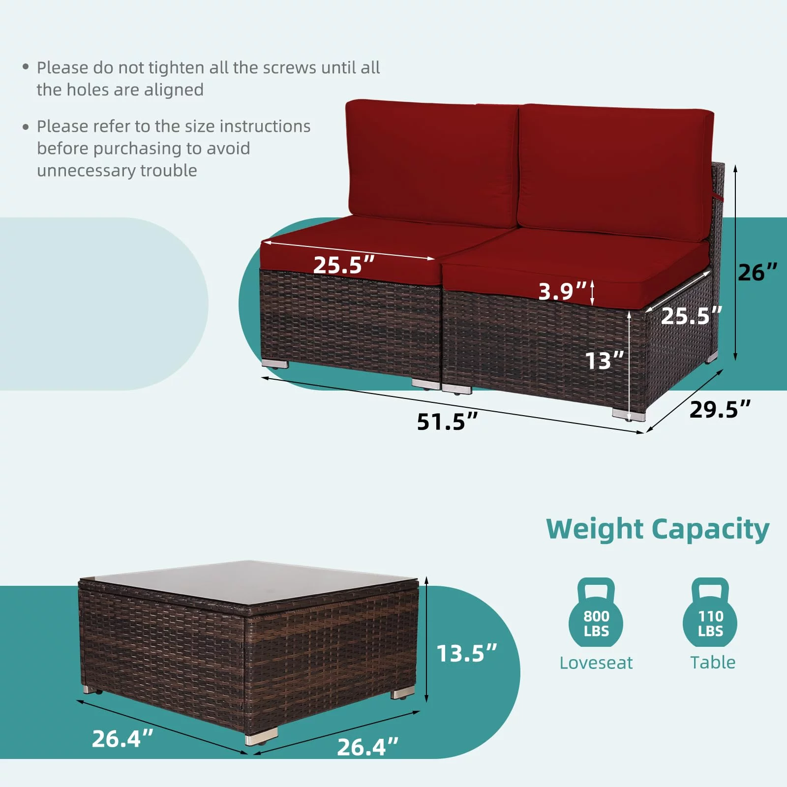 MEETWARM 3-Piece Outdoor Sectional Rattan Patio Furniture Set, All Weather PE Wicker Loveseat Armless Sofa Set with 4 Washable Cushions and Glass-Top Coffee Table for Porch Lawn Garden Backyard, Red