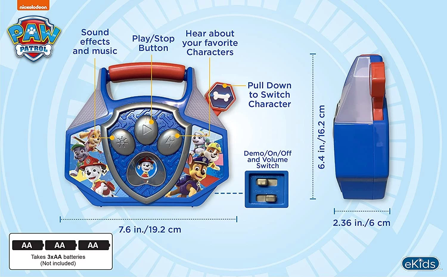 eKids Paw Patrol Toy Mini Boom Box with Built-in Music, Flashing Lights & Sound Effects