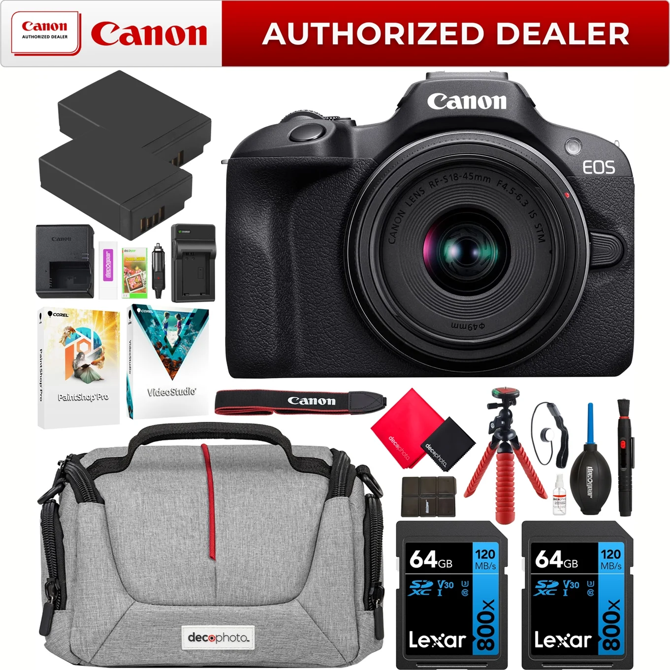 Canon EOS R100 Mirrorless Camera Body with RF-S 18-45mm F4.5-6.3 IS STM Lens 6052C012 Bundle with Deco Gear Photography Bag + 2 x Battery + 2 x 64GB Memory Cards + Accessories Kit