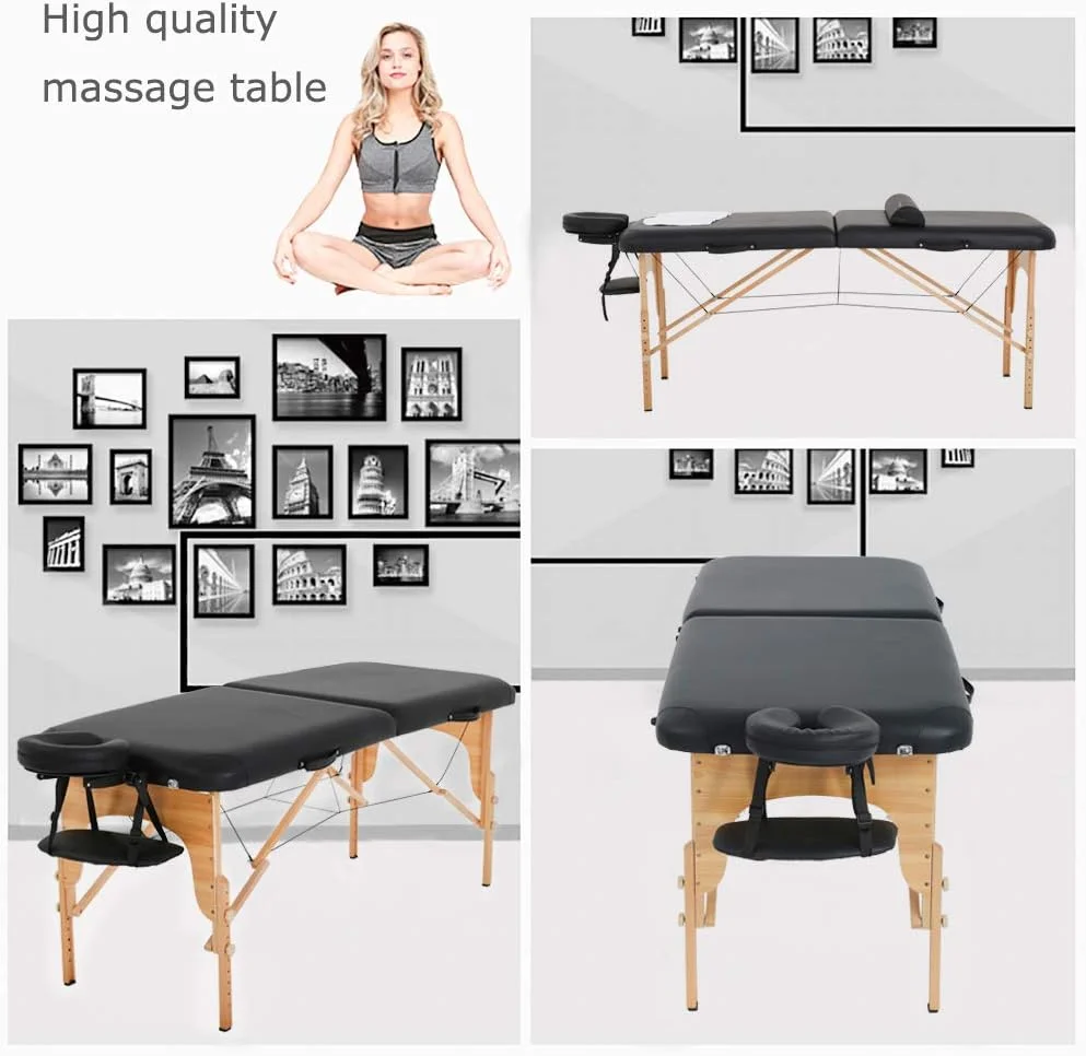 Portable Massage Table Massage Bed Spa Bed 73” L 28”W Height Adjustable Massage Table with Bolsters Carry Case 2 Fold Portable Salon Bed (Black)