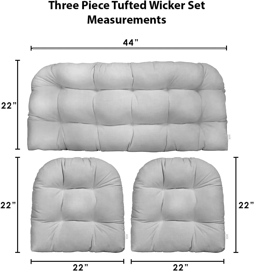 3 Piece Tufted Wicker Settee  Chair Cushion Set | Indoor/Outdoor Polyester Fabric | Reversible | 1 Loveseat 44” W X 22