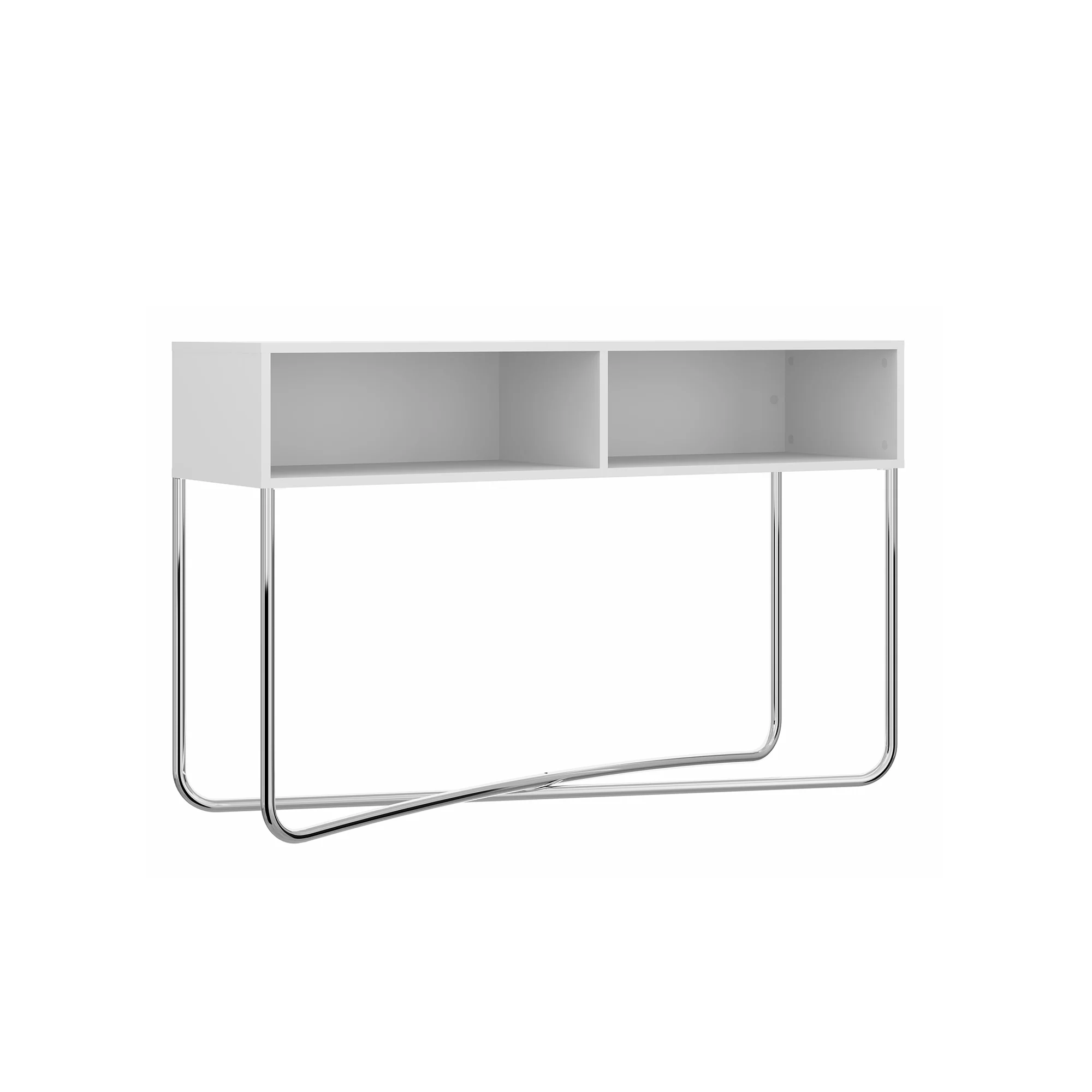 Wooden Console Table with 2 Open Compartments and Metal Frame, White and Chrome