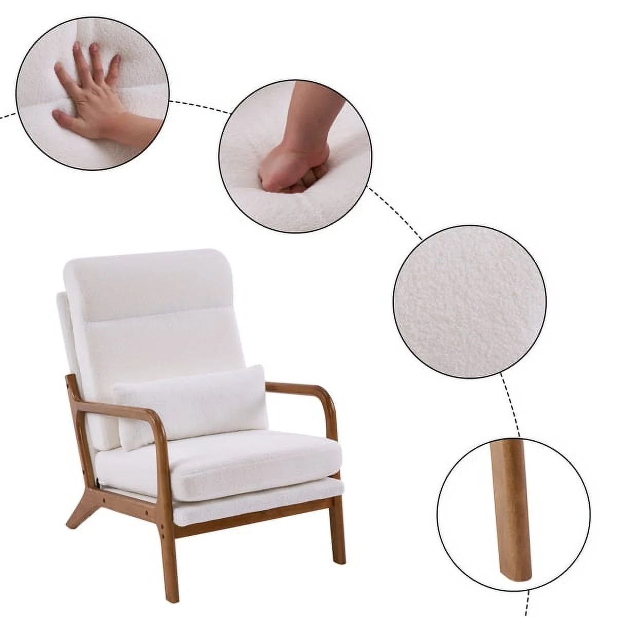 High Back Solid Wood Armrest Backrest Iron Frame Teddy Velvet Indoor Leisure Chair Off-White