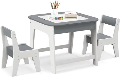 ZWNLKQG and Chair Set  3-in-1 Wooden Activity  with Removable Tabletop  Blackboard & Whiteboard   Space  Toddler  for Arts  Crafts  Nursery  Preschool (Gray)