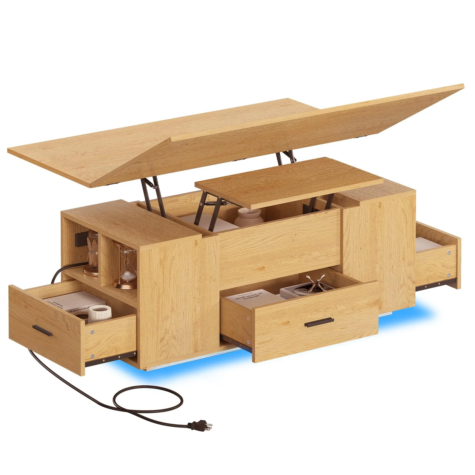 Afuhokles Lift Top Coffee Table for Living Room with 8 Storage Space, 4 in 1 Multi-Function Modern Wood Coffee Table with LED Light, Brown