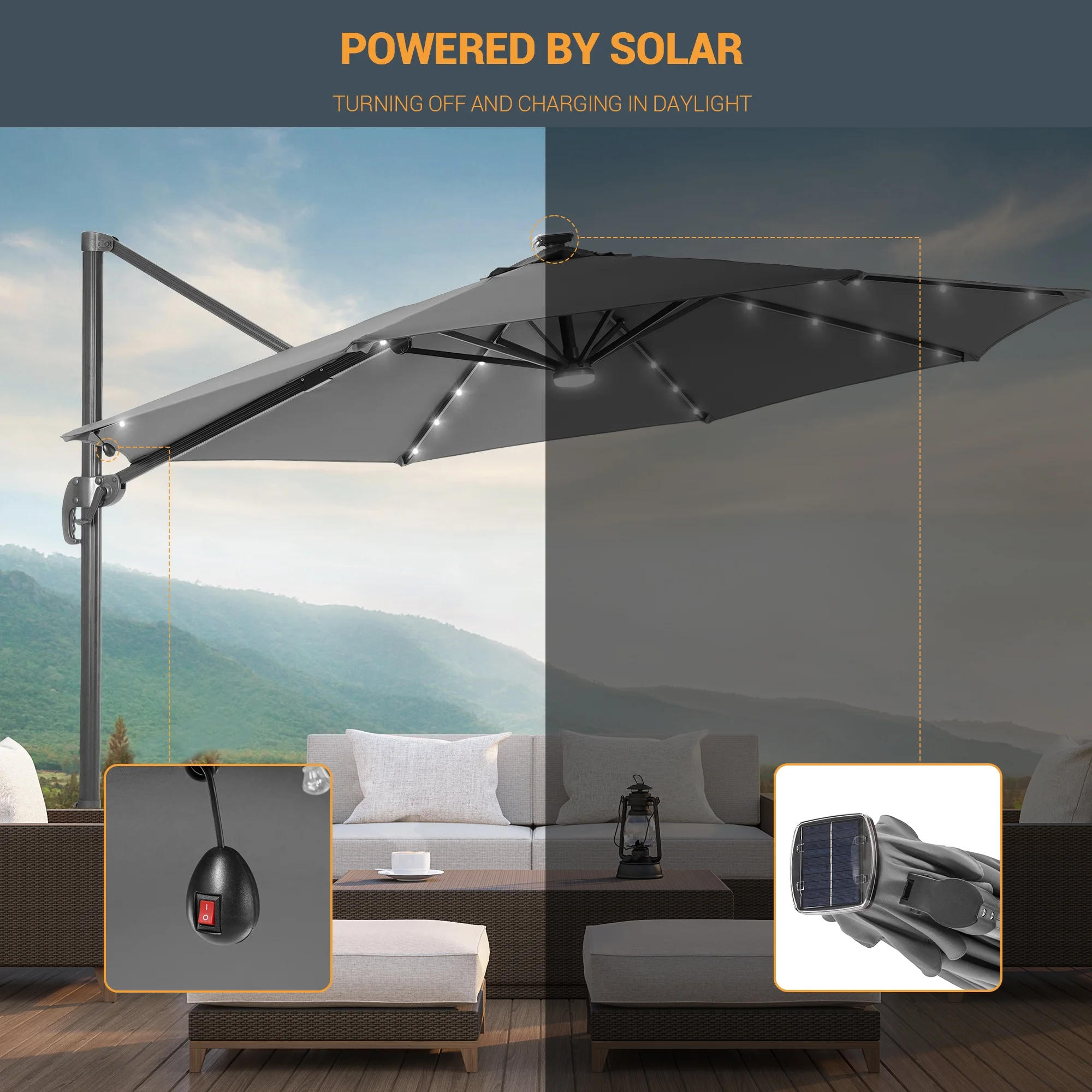 FLAME&SHADE 10 ft LED Outdoor Patio Cantilever Offset Aluminum Hanging 360°Rotation Umbrellas for Pool,Backyard and Garden,Gray