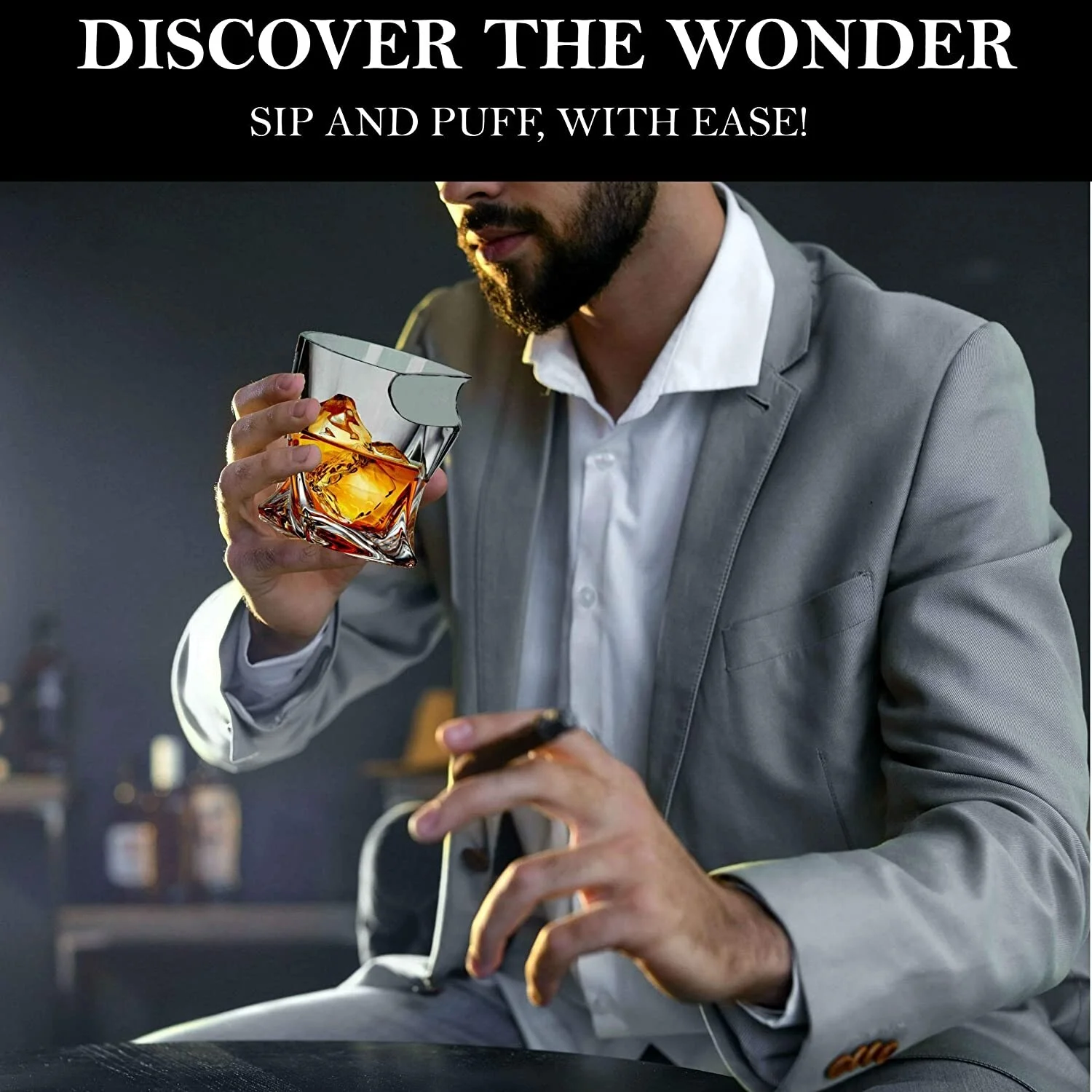 Bezrat Double Old Fashioned Whiskey Glasses with Side Mounted Holder Rest (2pk Twist & Round) - set of 2