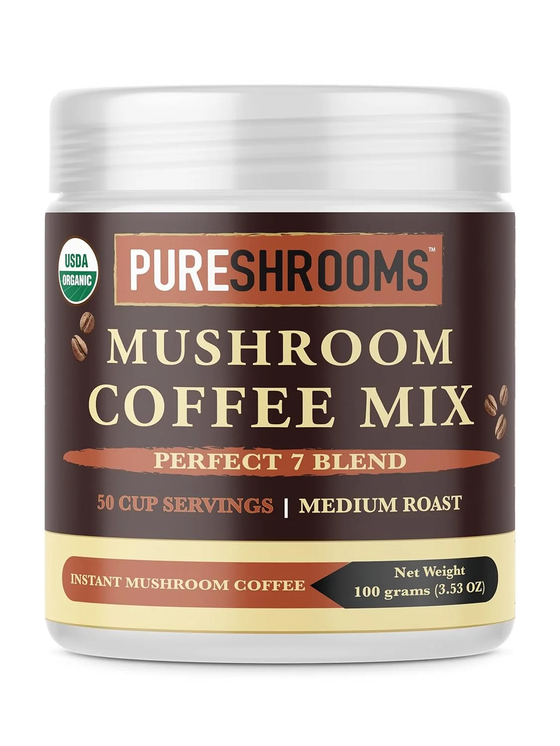 Perfect 7 Mushroom Coffee with Ultra Concentrated 30:1 Extracts - Organic Turkey Tail, Lion's Mane, Cordyceps, Reishi, Shiitake, Maitake, Chaga. Coffee Alternative (50 Servings - 100g/3.53oz)