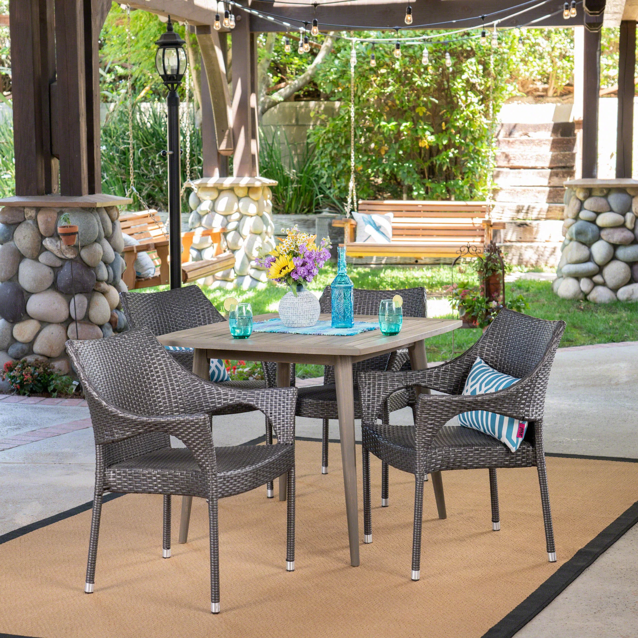 Porto Outdoor 5 Piece Wood and Wicker Dining Set, Gray, Gray
