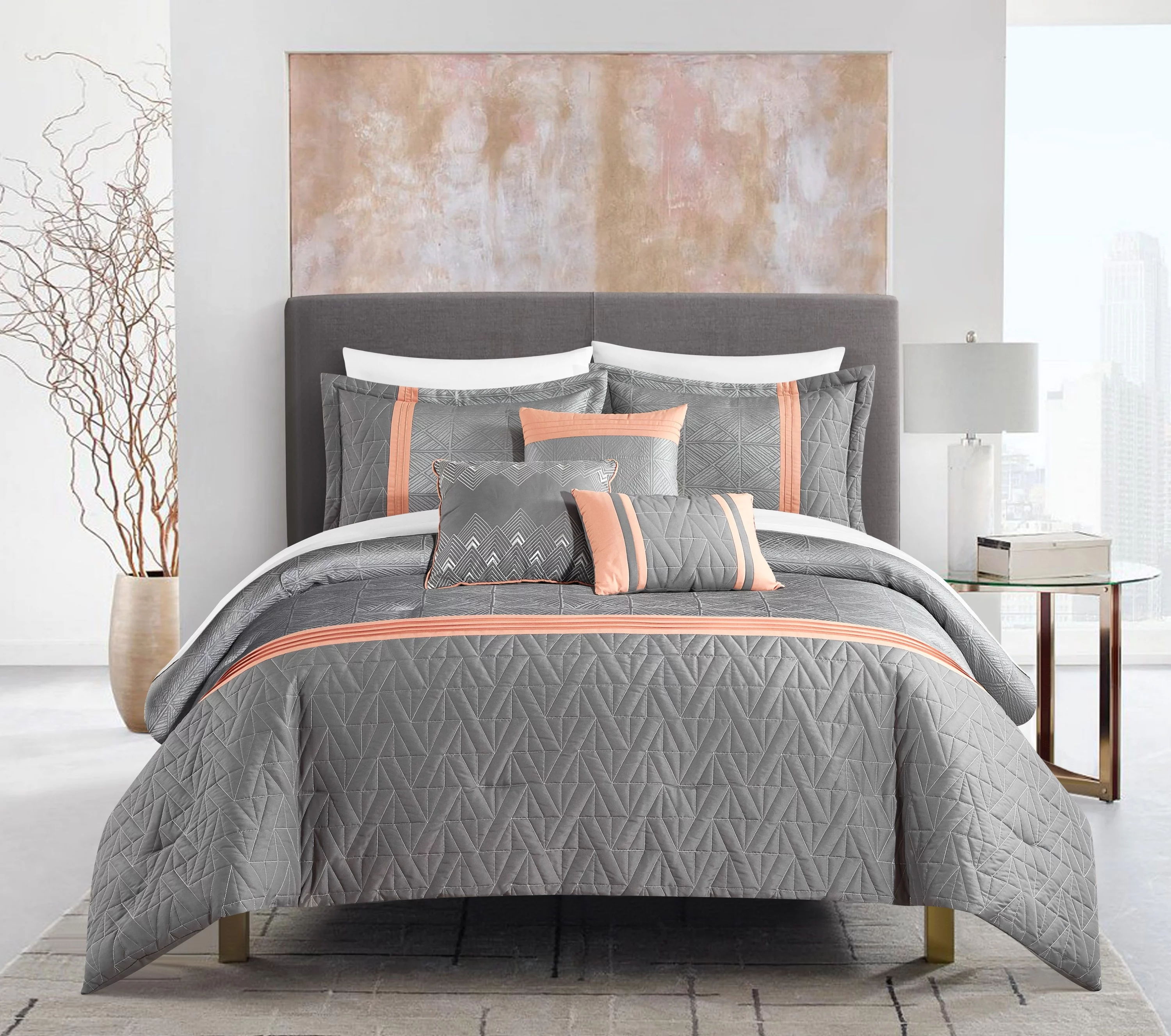 Chic Home Macy 10-Piece Jacquard Woven Geometric Bed in a Bag Comforter Set, Queen, Gray