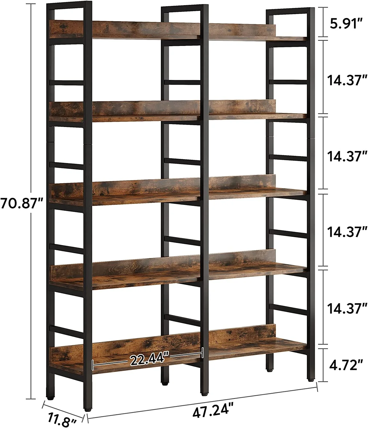 YiSHOP 5-Tier Industrial Bookshelf, 71”H x 47”W Etagere Bookcase, Freestanding Double Wide Book Shelf for Storage and Display, Wood and Metal Bookshelves for Living Room Home Office, Rustic Brown