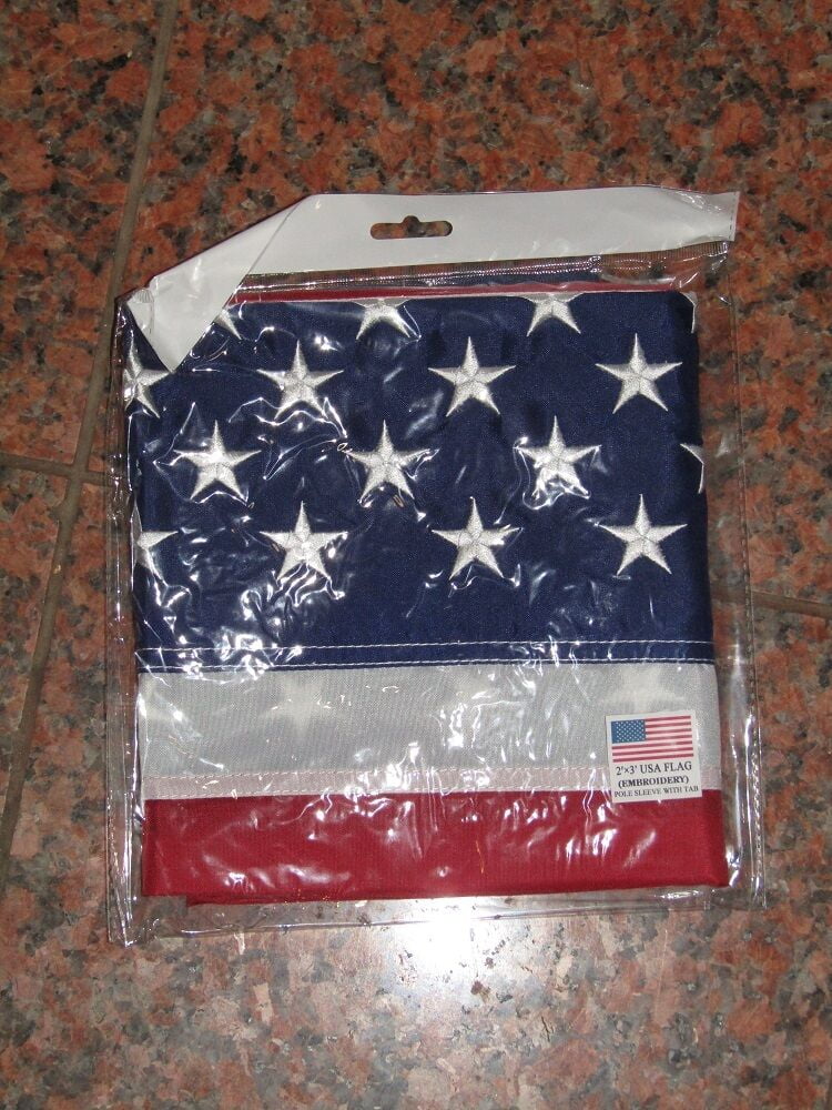 2x3 Embroidered USA American Pole Sleeve 210D Sewn Nylon Flag 2'x3' (USA MADE)