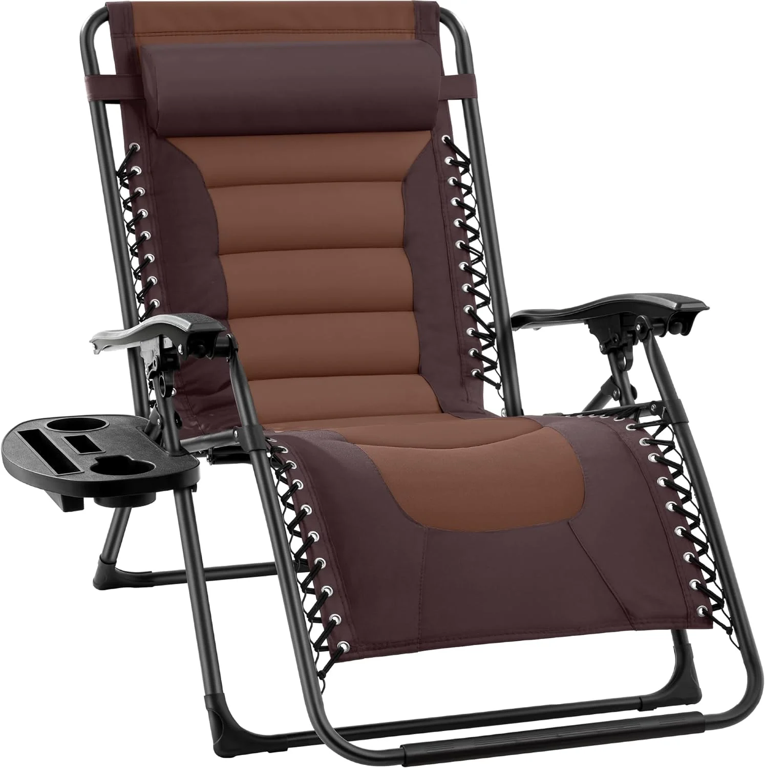 U-SHARE Oversized Padded Zero Gravity Chair, Folding Outdoor Patio Recliner, XL Anti Gravity Lounger for Backyard w/Headrest, Cup Holder, Side Tray, Polyester Mesh - Espresso/Caramel