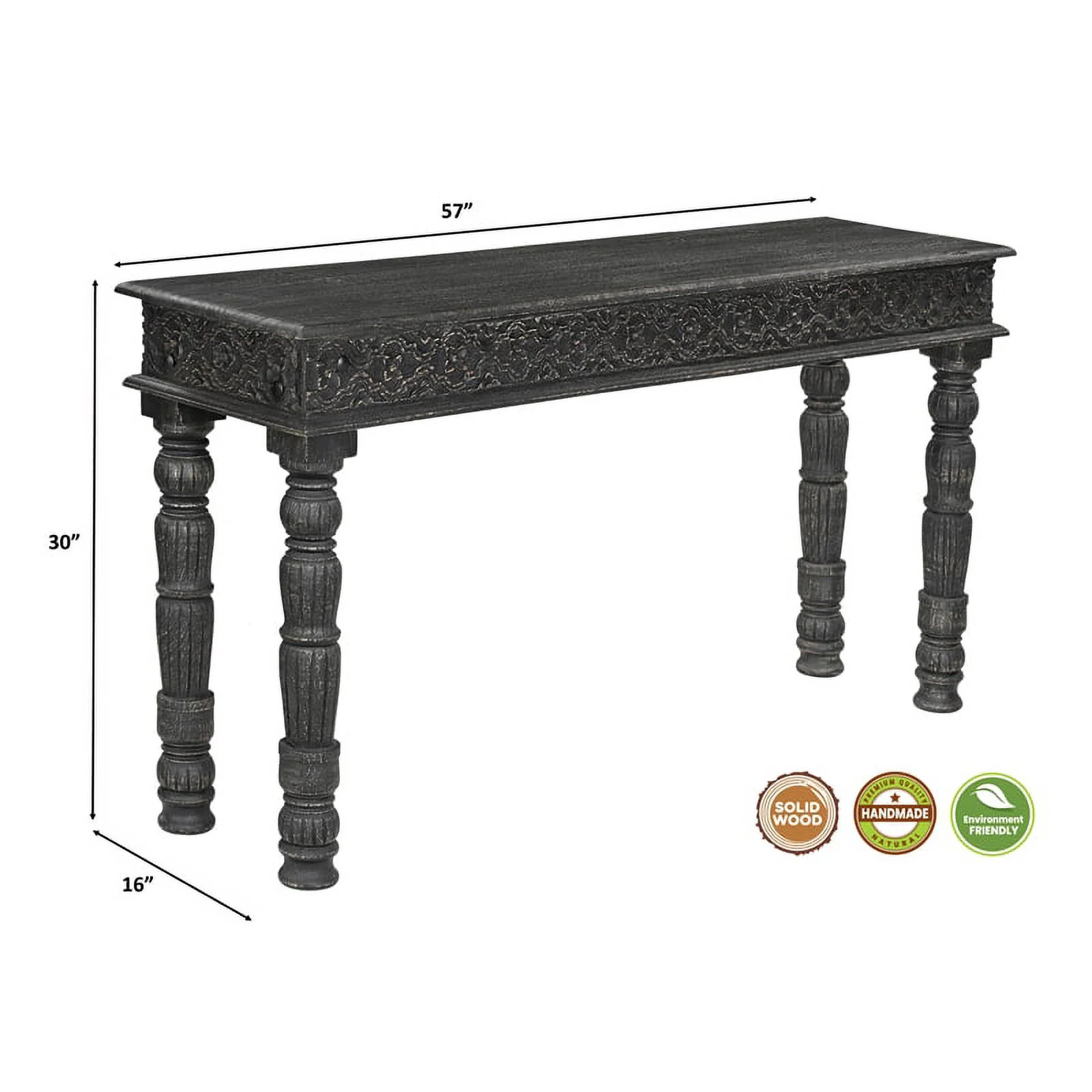 Taran Designs Milton Carved Solid Wood Console Table in Black