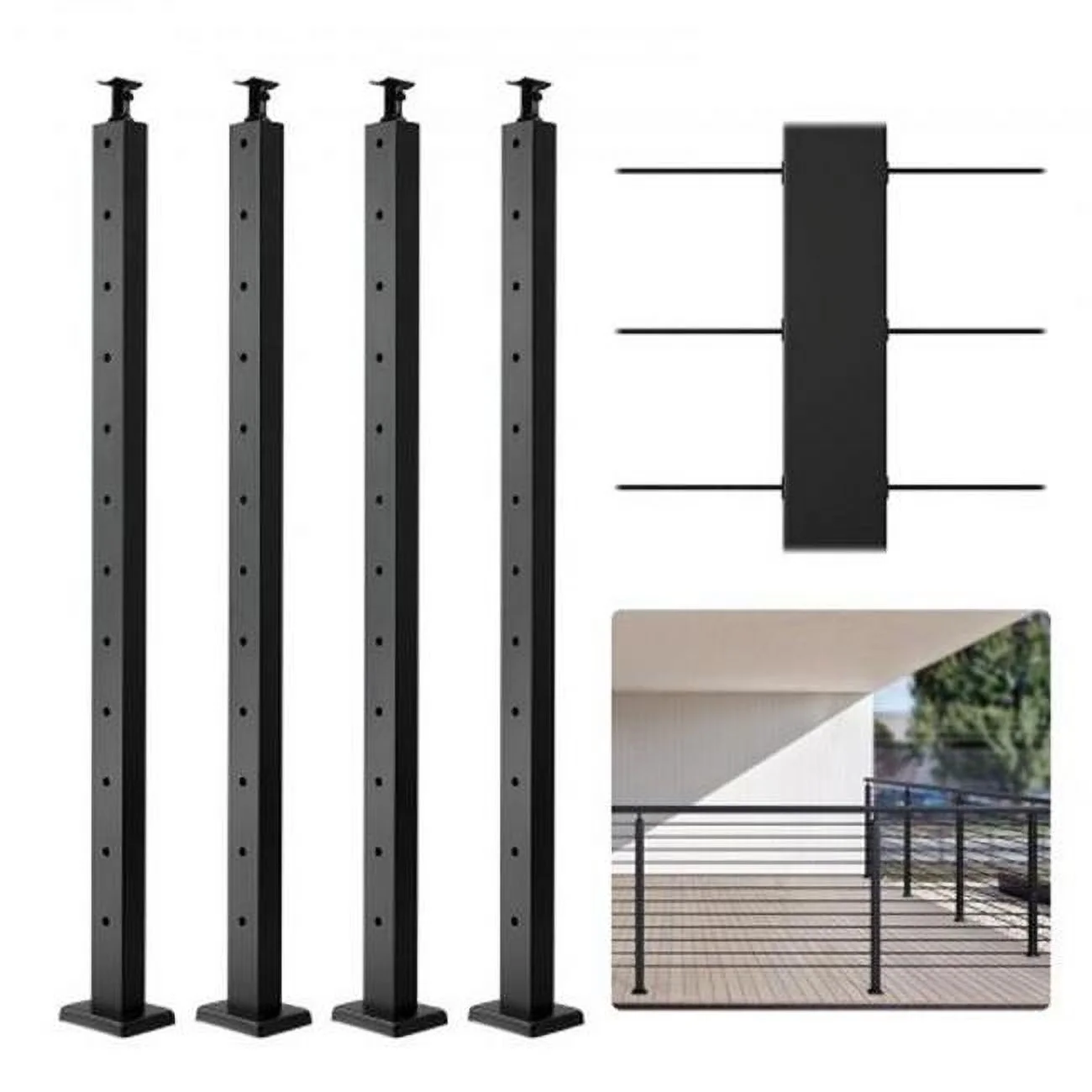 Vevor  42 x 1 x 2 in. Steel Horizontal Hole Deck Railing Cable Railing Post, Black - Pack of 4