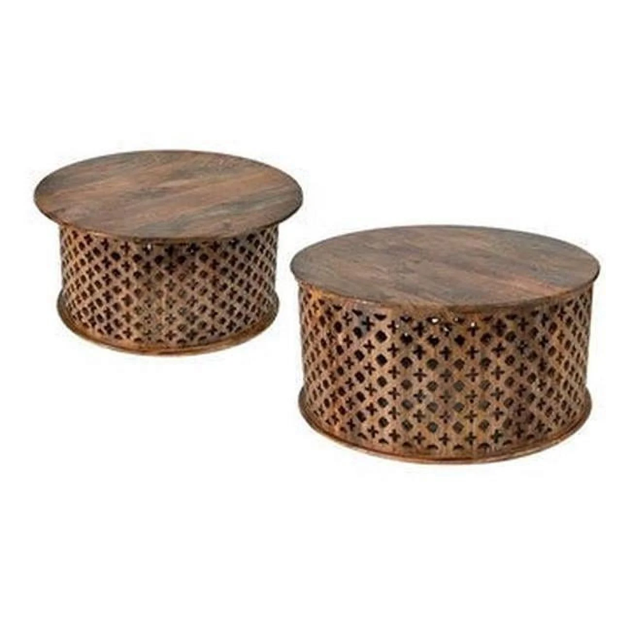 35 in. Mango Wood Lattice Design Coffee Table, Brown - Set of 2