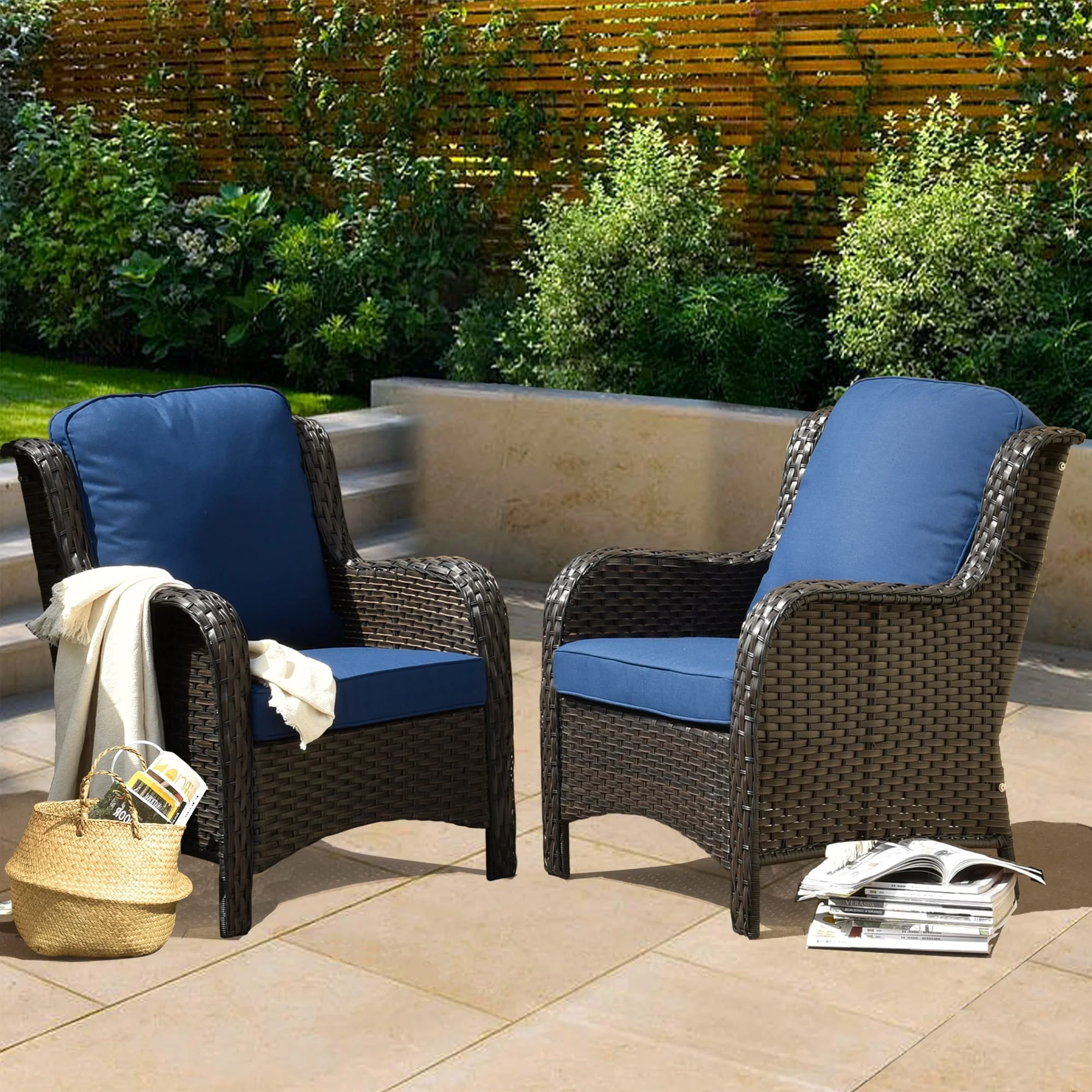 OVIOS  Patio Furniture 2-piece Wicker Chair Navy Blue