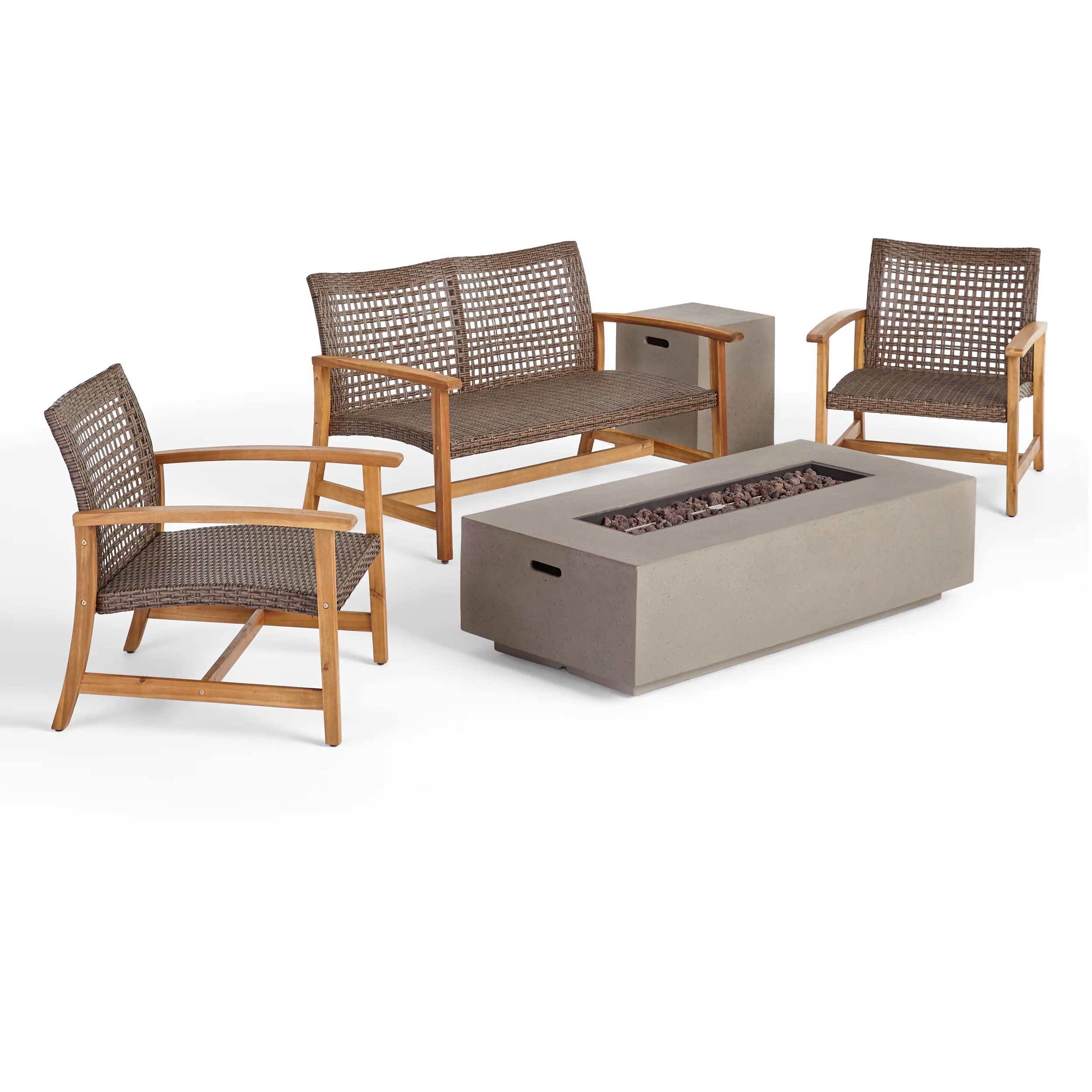 GDF Studio Allison Outdoor 5 Piece Wood and Wicker Chat Set, Mixed Mocha and Light Gray